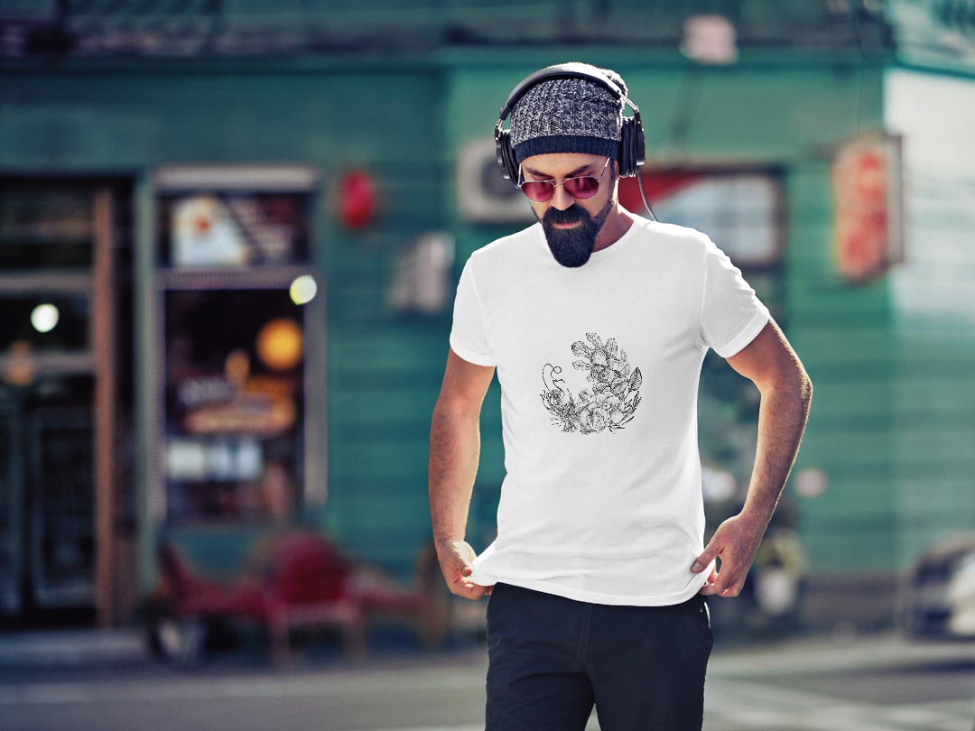 Tシャツ メンズ 半袖 ホワイト グレー デザイン S M L XL 2XL Tシャツ ティーシャツ T shirt 019561 flower モノクロ 花