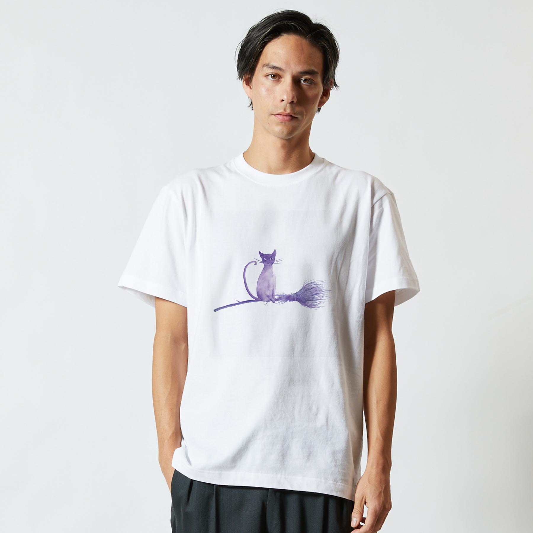 Tシャツ メンズ 半袖 ホワイト グレー デザイン S M L XL 2XL Tシャツ ティーシャツ T shirt 019820 ハロウィン 猫 紫