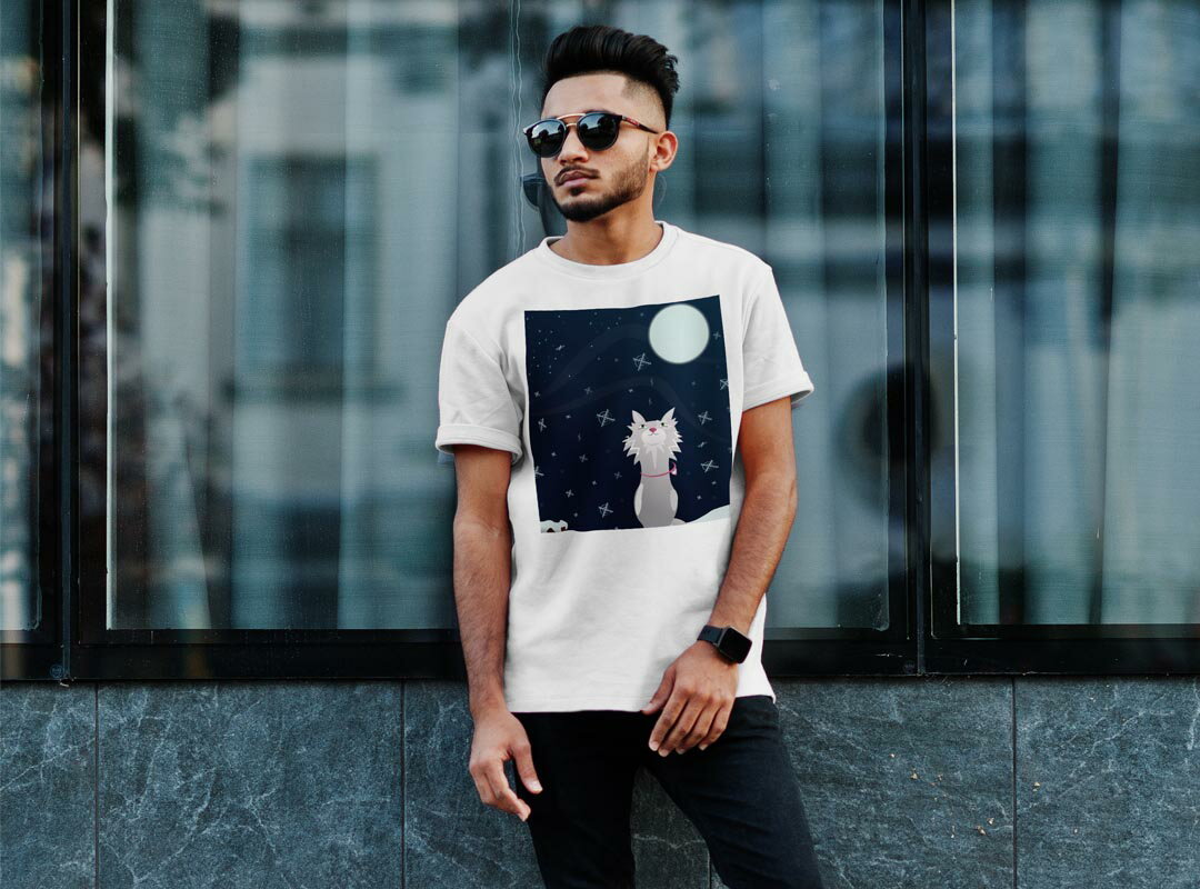 Tシャツ メンズ 半袖 ホワイト 無地 デザイン M ティーシャツ T shirt 001138 満月　オオカミ