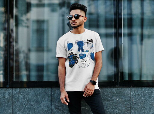 Tシャツ メンズ 半袖 ホワイト 無地 デザイン M ティーシャツ T shirt 008302 ホワイトデー ハート リボン 青 ブルー