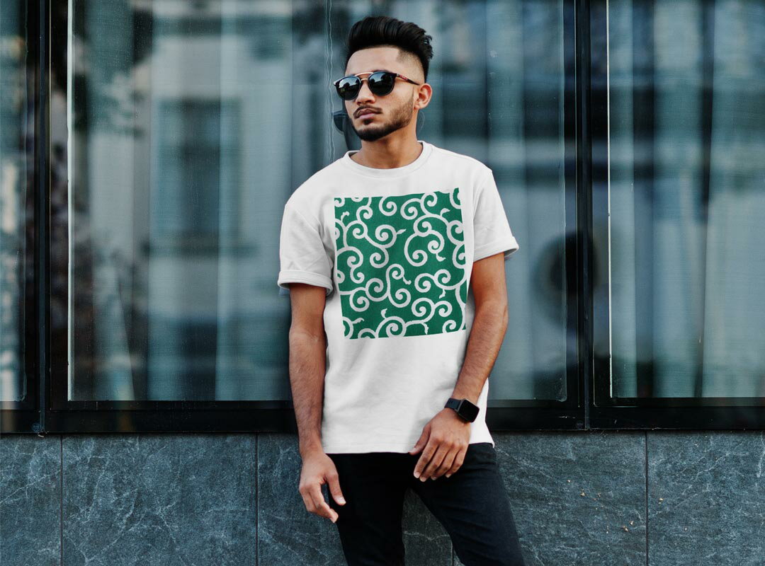 Tシャツ メンズ 半袖 ホワイト 無地 デザイン M ティーシャツ T shirt 008428 唐草　模様　緑　グリーン　植物