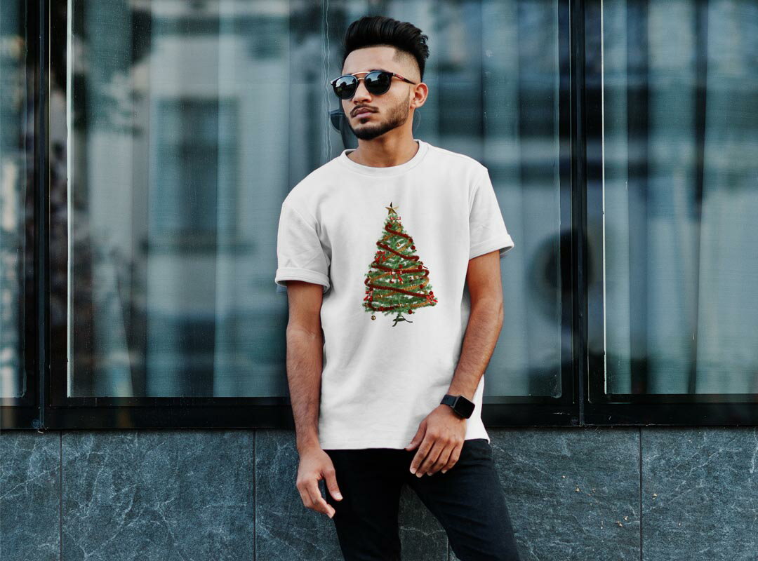 Tシャツ メンズ 半袖 ホワイト 無地 デザイン M ティーシャツ T shirt 009842 クリスマス　ツリー　星