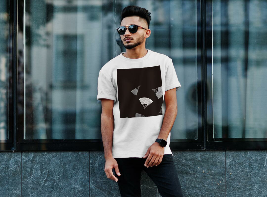 Tシャツ メンズ 半袖 ホワイト 無地 デザイン M ティーシャツ T shirt 011486 和風　和柄　扇子