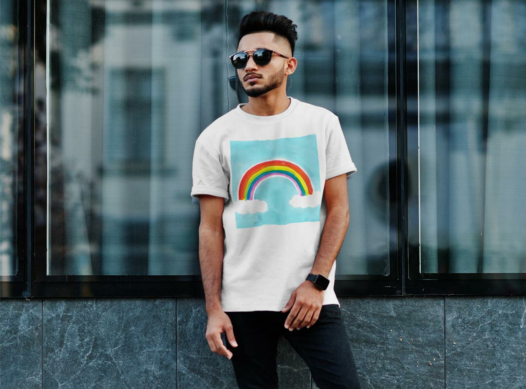 Tシャツ メンズ 半袖 ホワイト 無地 デザイン M ティーシャツ T shirt 014031 虹　レインボー　空