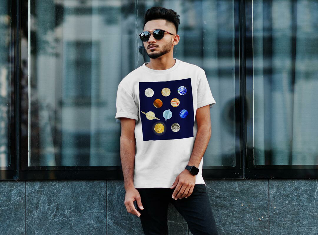 Tシャツ メンズ 半袖 ホワイト 無地 デザイン M ティーシャツ T shirt 015977 太陽系　宇宙　惑星