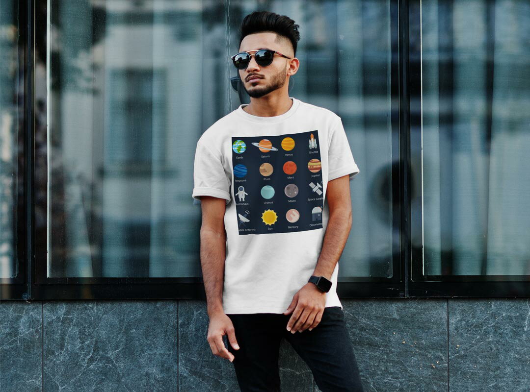 Tシャツ メンズ 半袖 ホワイト 無地 デザイン M ティーシャツ T shirt 015992 太陽系　宇宙　惑星