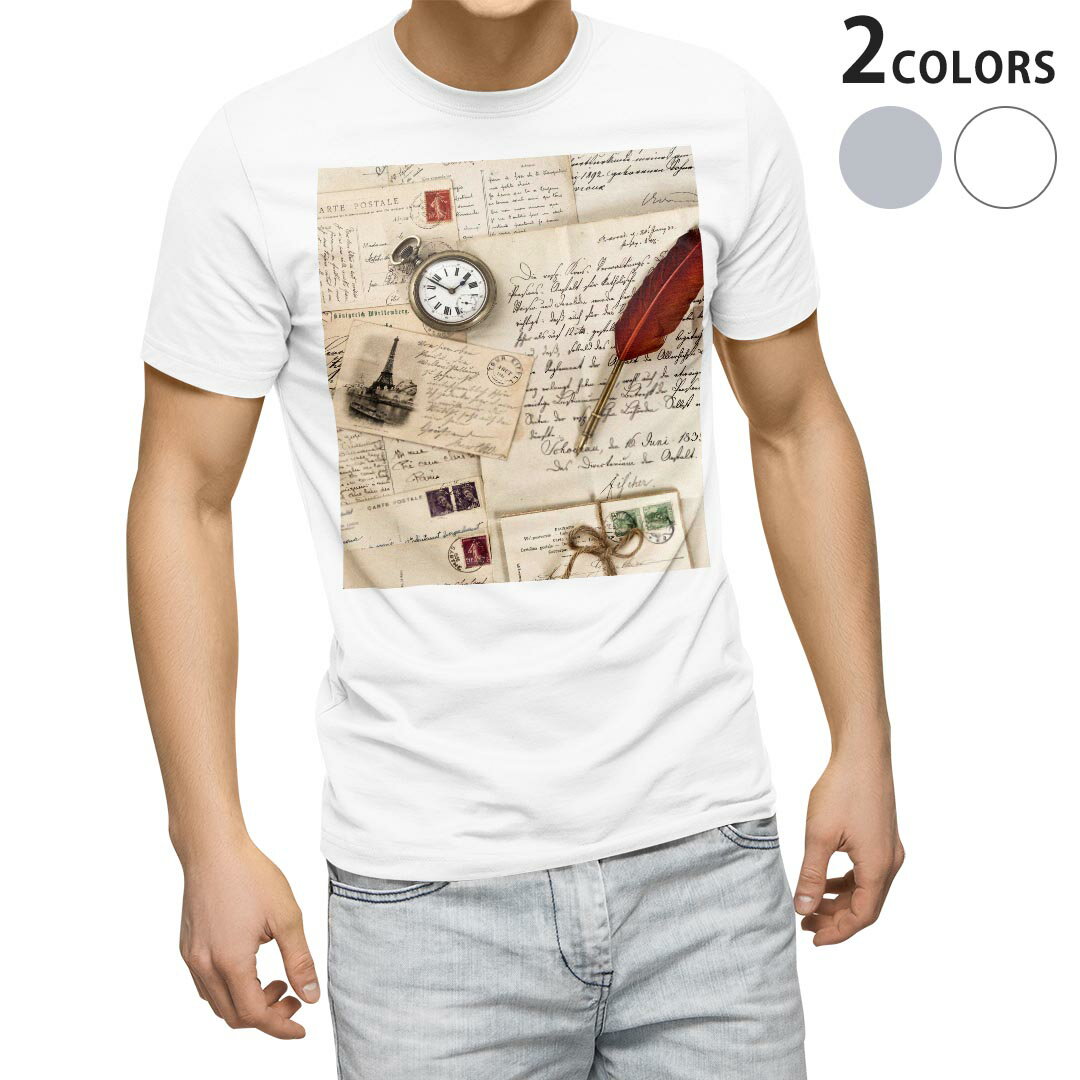 Tシャツ メンズ 半袖 ホワイト グレー デザイン S M L XL 2XL Tシャツ ティーシャツ T shirt 002662 外国　手紙　時計