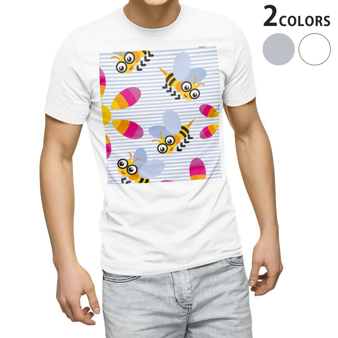 Character - Tシャツ メンズ 半袖 ホワイト グレー デザイン S M L XL 2XL Tシャツ ティーシャツ T shirt 003777 キャラクター　花　ボーダー