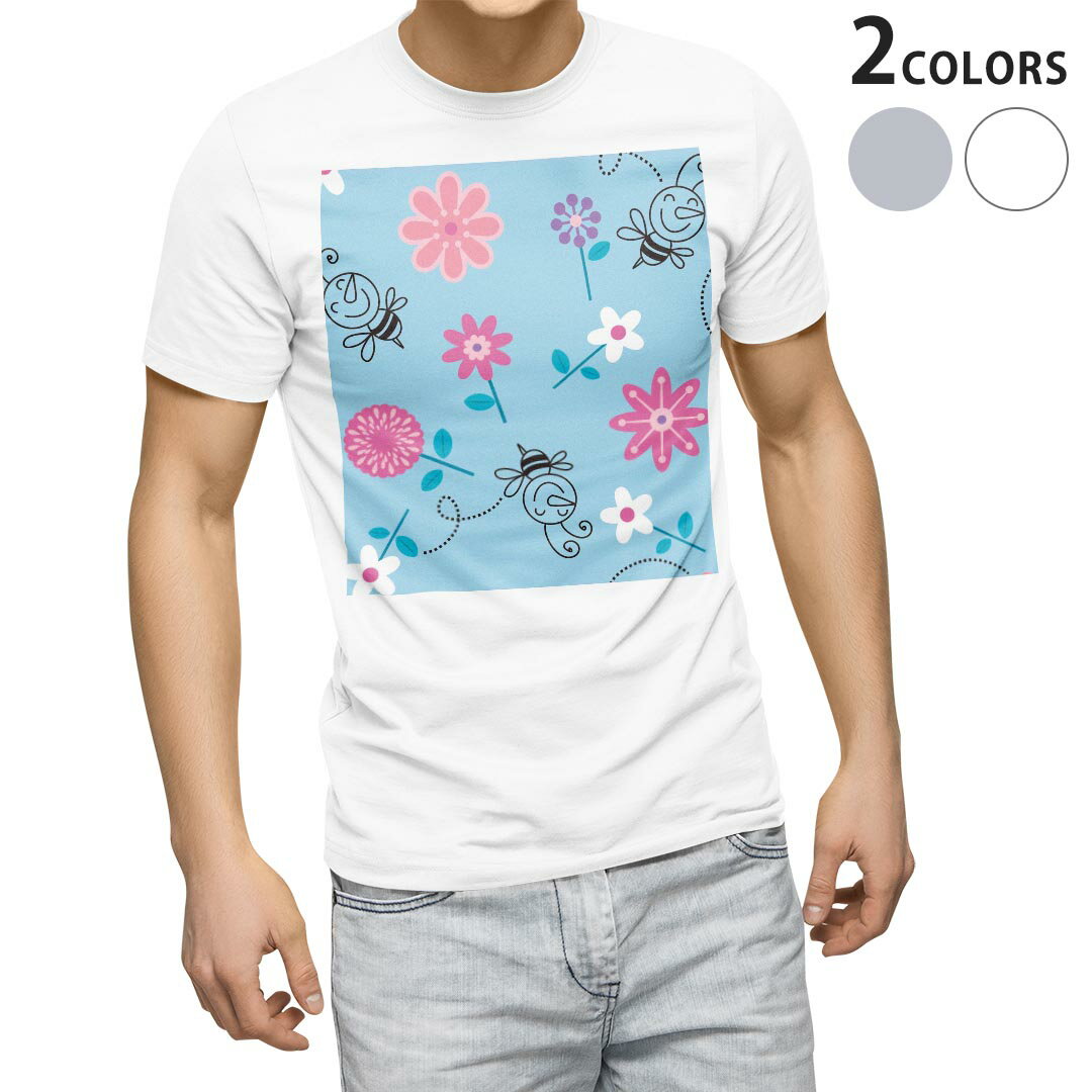 Character - Tシャツ メンズ 半袖 ホワイト グレー デザイン S M L XL 2XL Tシャツ ティーシャツ T shirt 003797 花　キャラクター　青