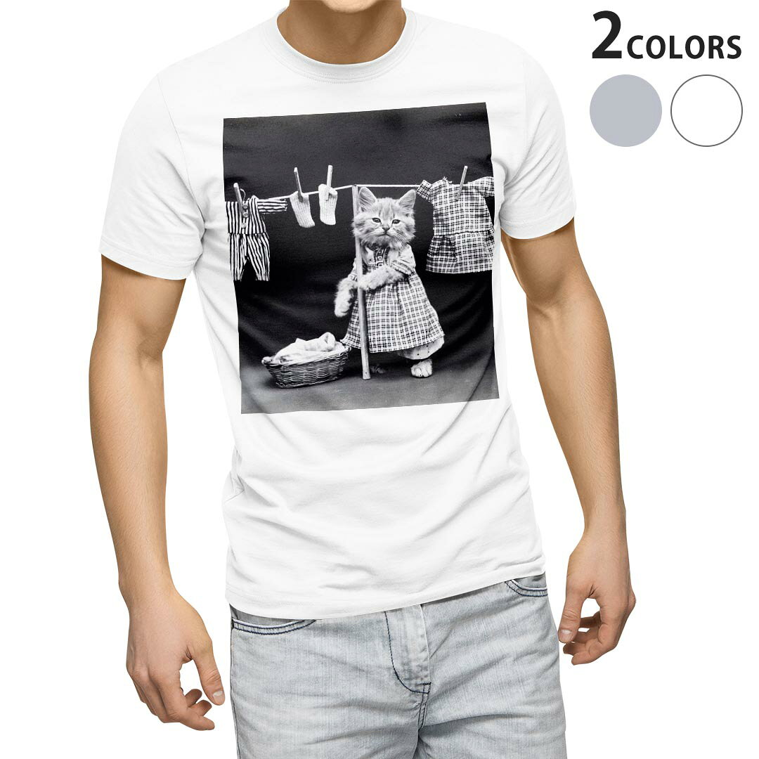 Tシャツ メンズ 半袖 ホワイト グレー デザイン S M L XL 2XL Tシャツ ティーシャツ T shirt 023079 猫　モノクロ　キャラ