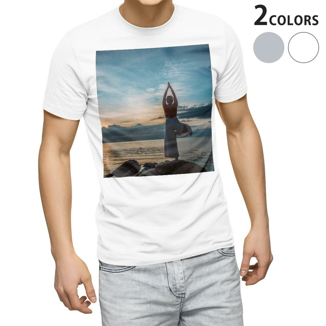 Tシャツ メンズ 半袖 ホワイト グレー デザイン S M L XL 2XL Tシャツ ティーシャツ T shirt 023993 ヨガ 運動 写真