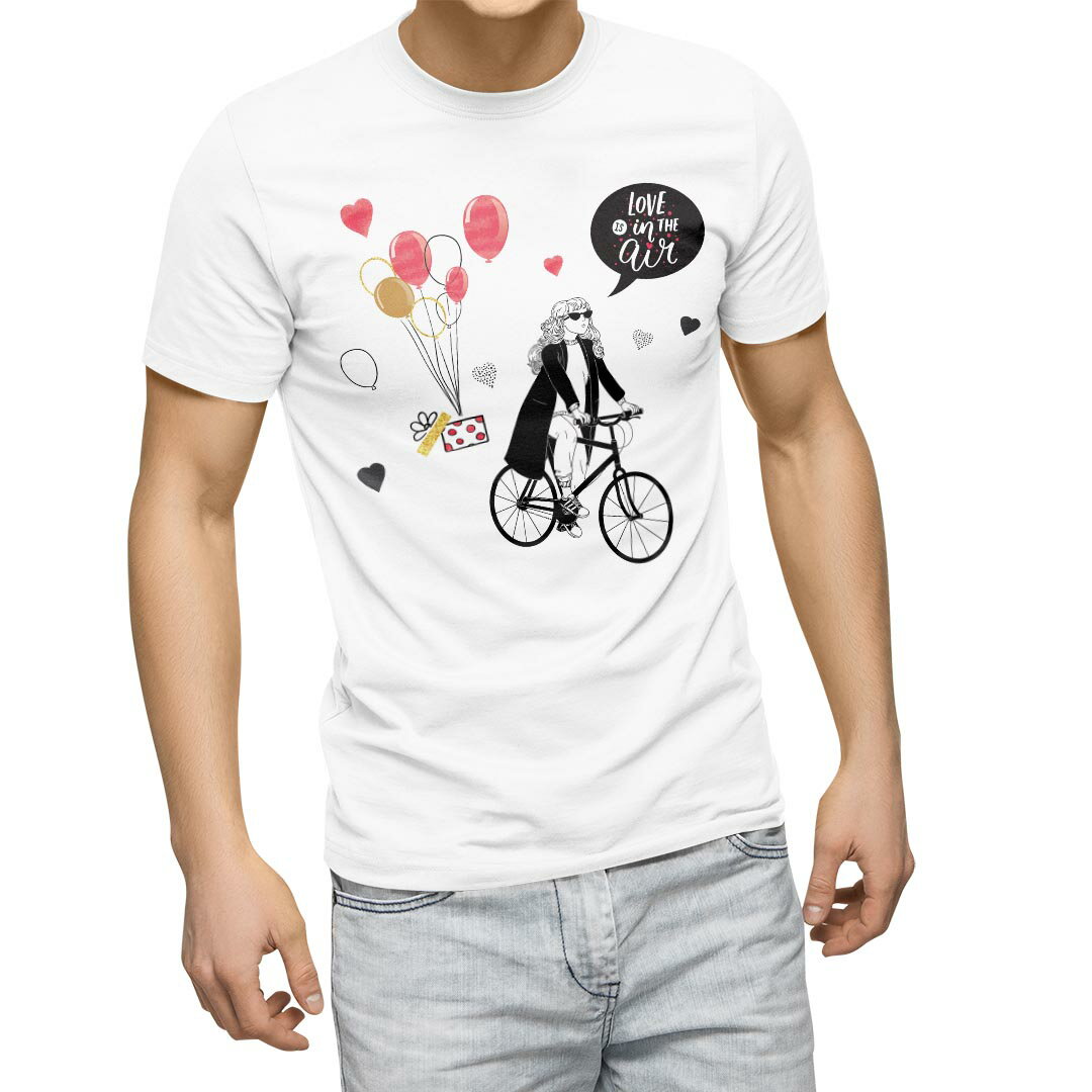 Tシャツ メンズ 半袖 ホワイト グレー デザイン S M L XL 2XL Tシャツ ティーシャツ T shirt 031585 バレンタイン 女の子 風船 自転車