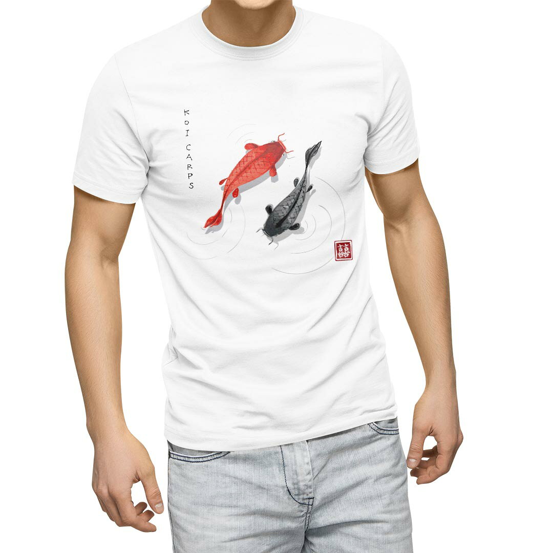 Tシャツ メンズ 半袖 ホワイト グレー デザイン S M L XL 2XL Tシャツ ティーシャツ T shirt 032054 鯉 日本