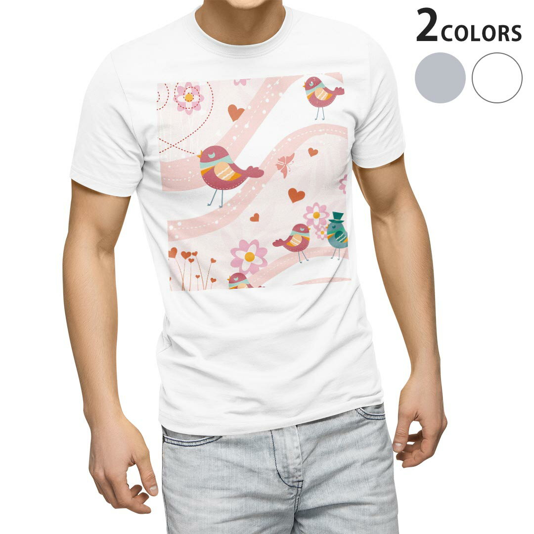 Character - Tシャツ メンズ 半袖 ホワイト グレー デザイン S M L XL 2XL Tシャツ ティーシャツ T shirt 004229 鳥　キャラクター　ハート