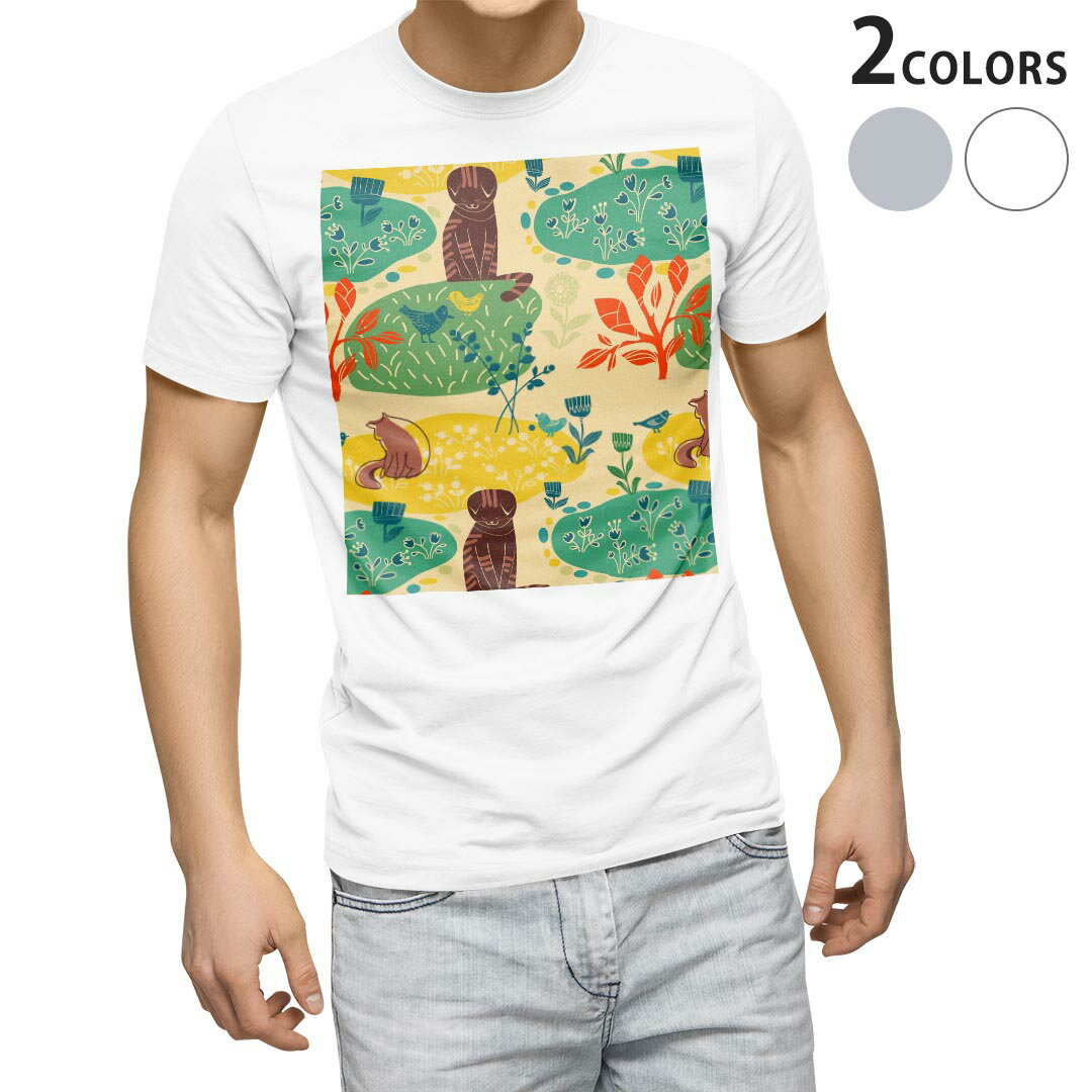 Character - Tシャツ メンズ 半袖 ホワイト グレー デザイン S M L XL 2XL Tシャツ ティーシャツ T shirt 004419 猫　キャラクター　鳥