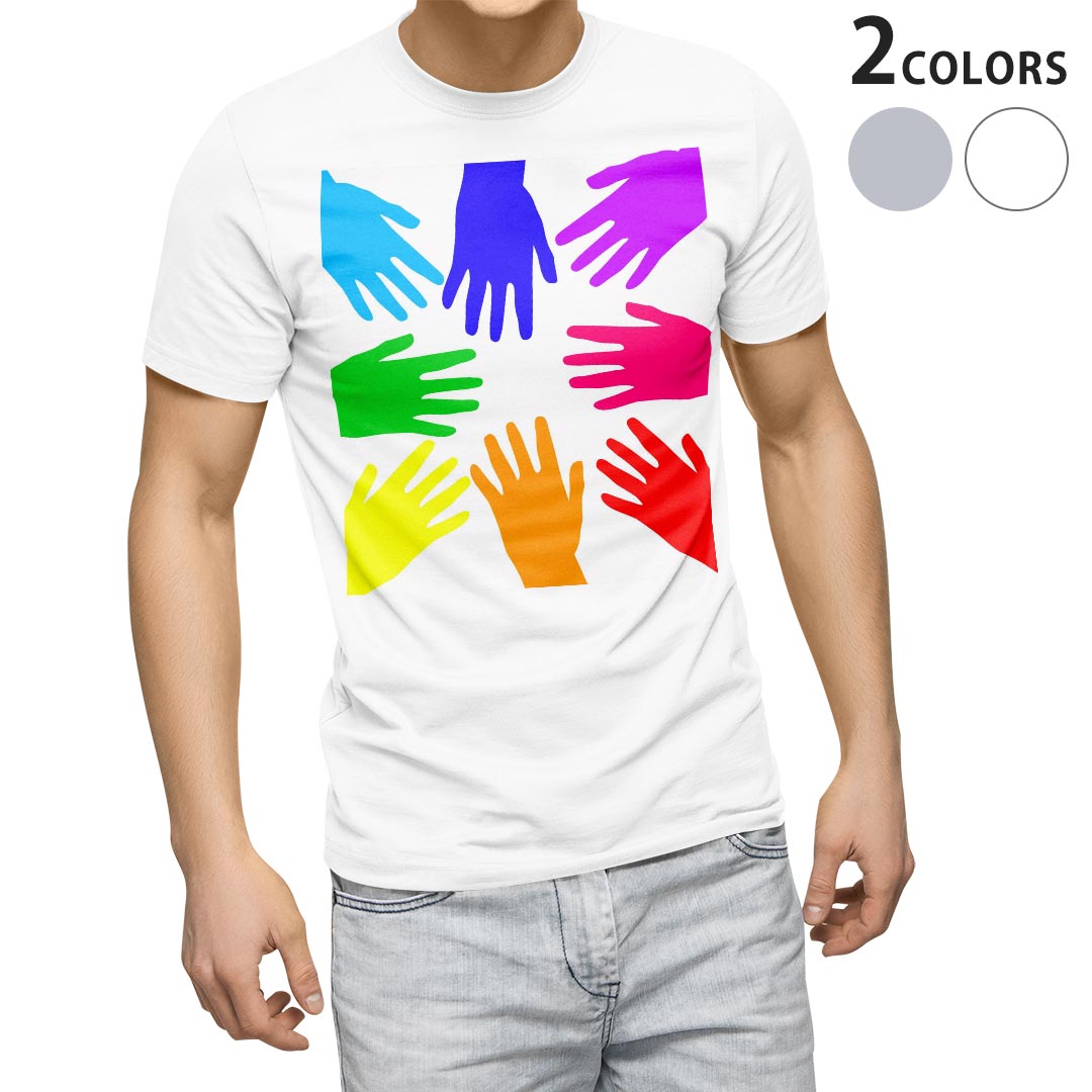 Tシャツ メンズ 半袖 ホワイト グレー デザイン S M L XL 2XL Tシャツ ティーシャツ T shirt 006025 レインボー 手