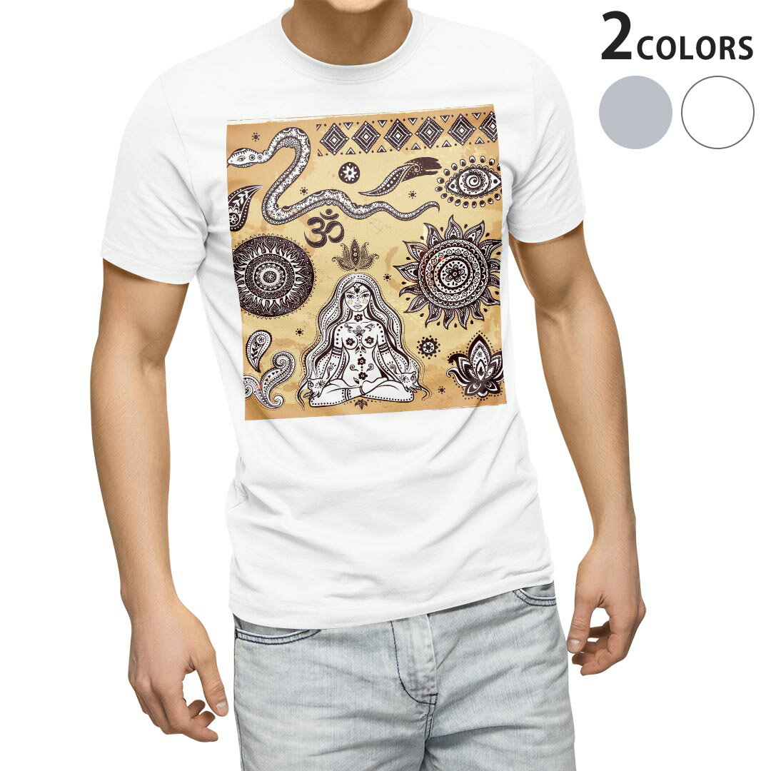 Short Sleeves - Tシャツ メンズ 半袖 ホワイト グレー デザイン S M L XL 2XL Tシャツ ティーシャツ T shirt 006118 文様　アジアン　イラスト
