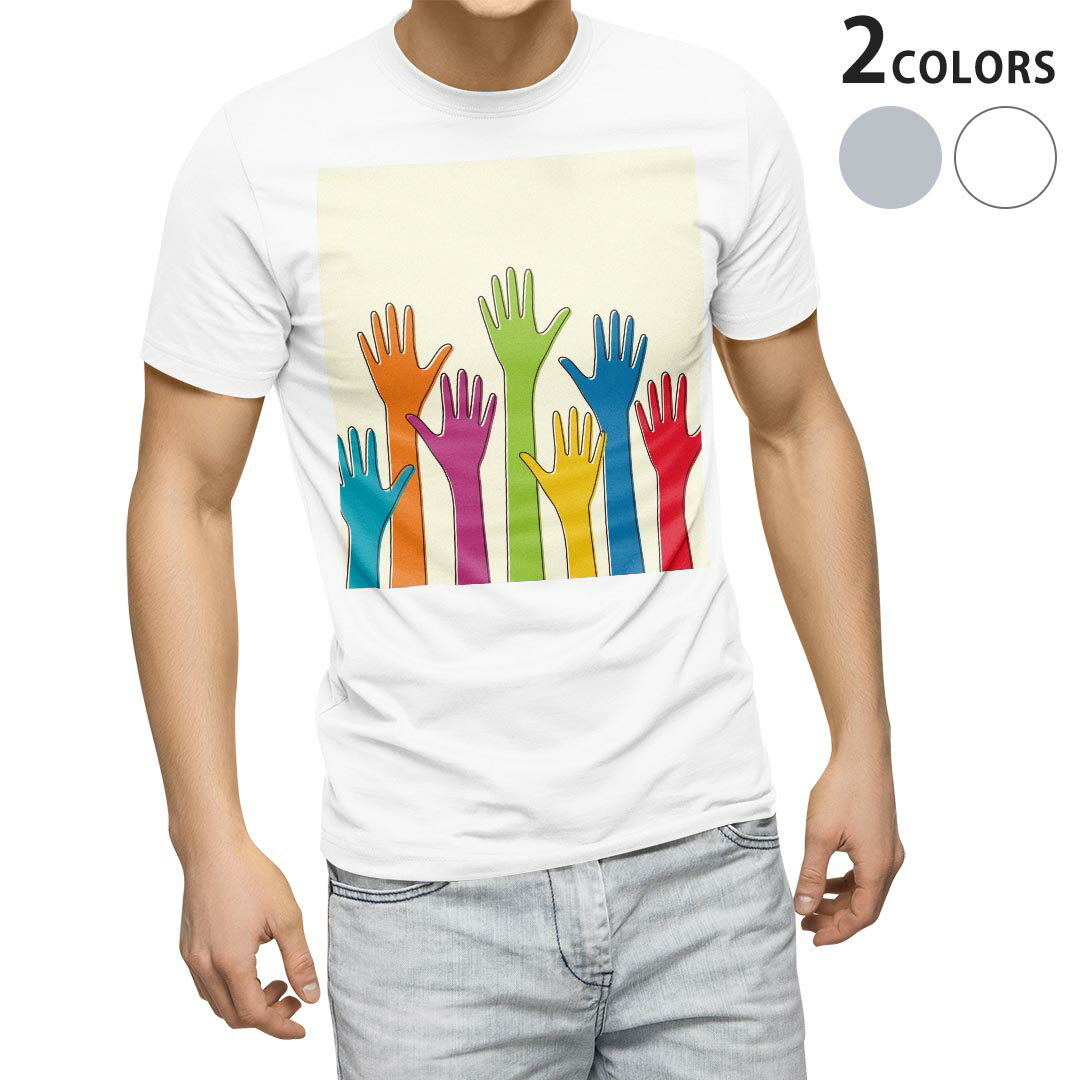 長袖 - Tシャツ メンズ 半袖 ホワイト グレー デザイン S M L XL 2XL Tシャツ ティーシャツ T shirt 006153 手　カラフル　イラスト