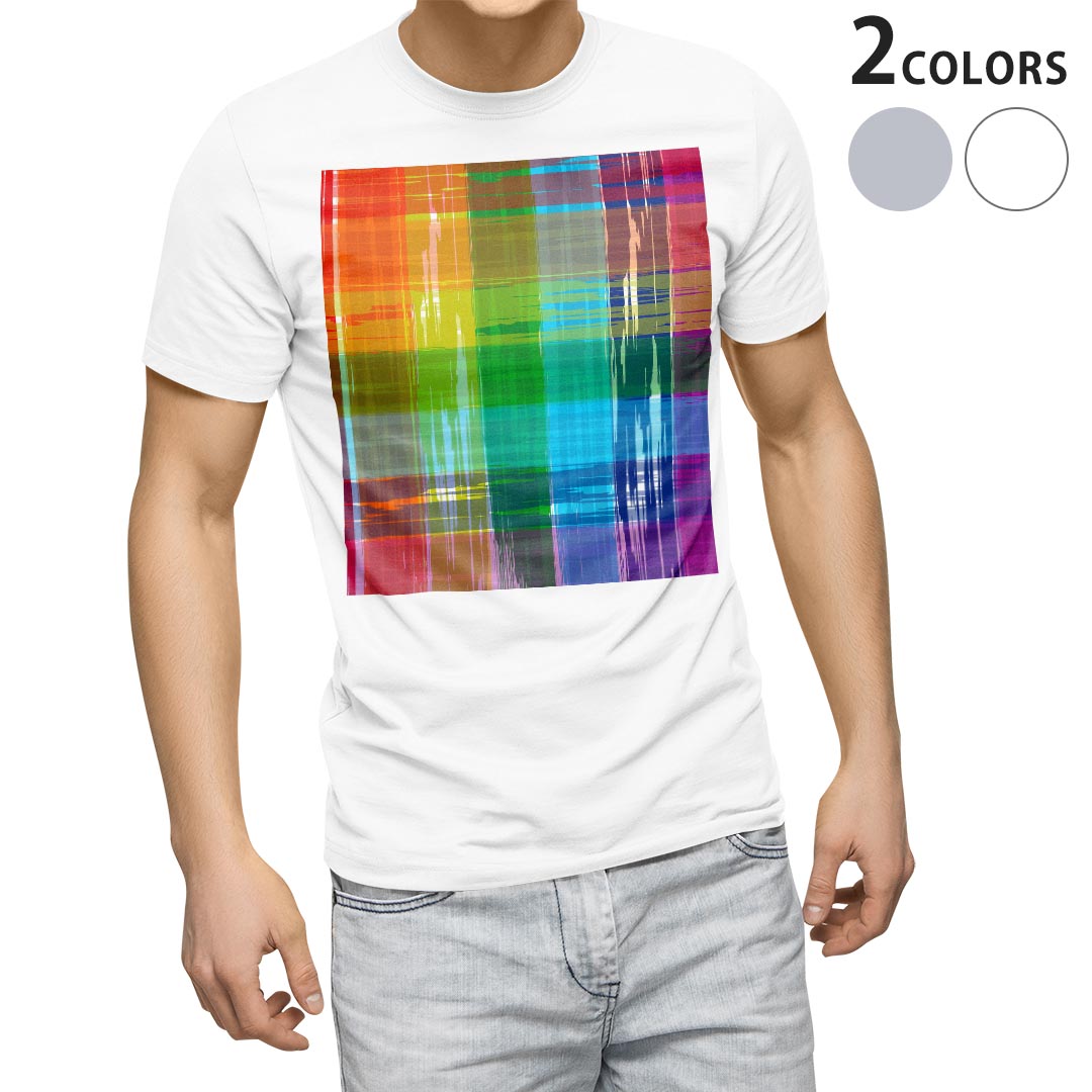 Tシャツ メンズ 半袖 ホワイト グレー デザイン S M L XL 2XL Tシャツ ティーシャツ T shirt 007406 カラフル　レインボー　チェック　模様