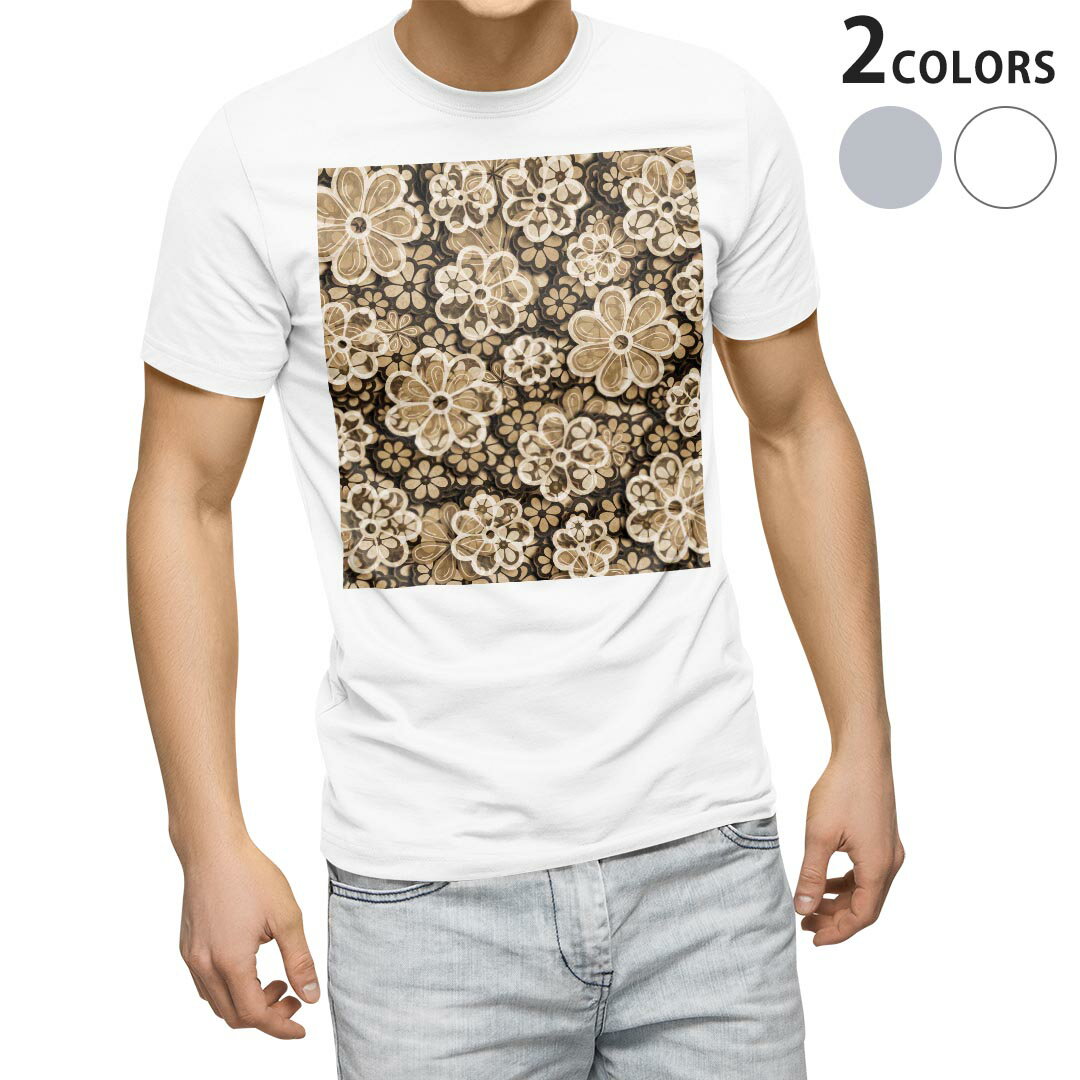 SUKA - Tシャツ メンズ 半袖 ホワイト グレー デザイン S M L XL 2XL Tシャツ ティーシャツ T shirt 007407 花　　ブラウン　茶色　模様