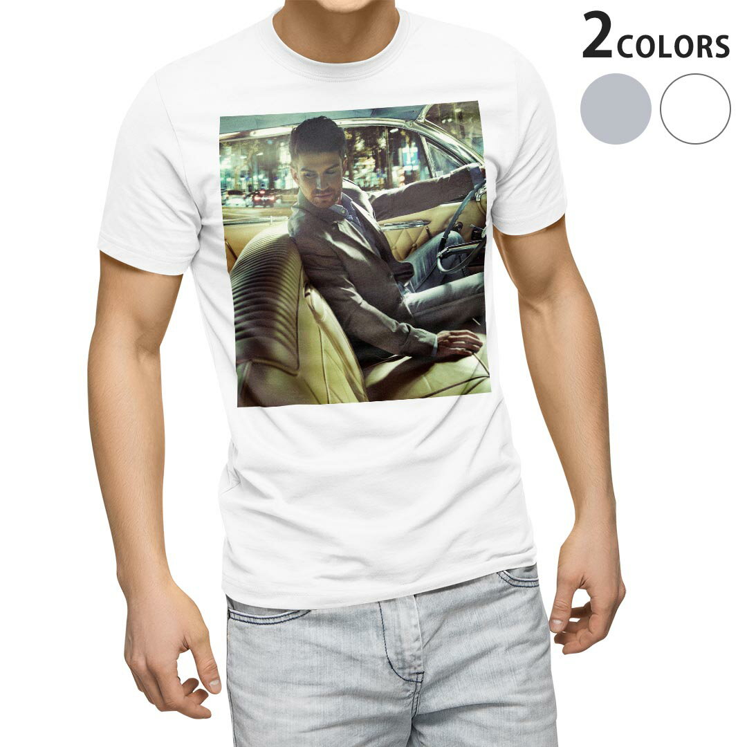 Tシャツ メンズ 半袖 ホワイト グレー デザイン S M L XL 2XL Tシャツ ティーシャツ T shirt 007416 写真　車　人物　夜