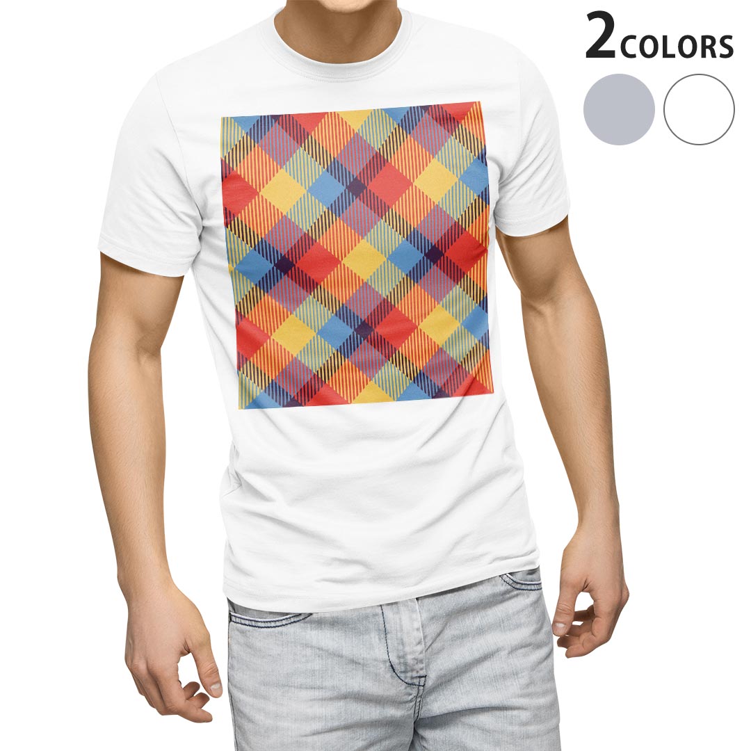 Tシャツ メンズ 半袖 ホワイト グレー デザイン S M L XL 2XL Tシャツ ティーシャツ T shirt 007434 チェック　模様　カラフル
