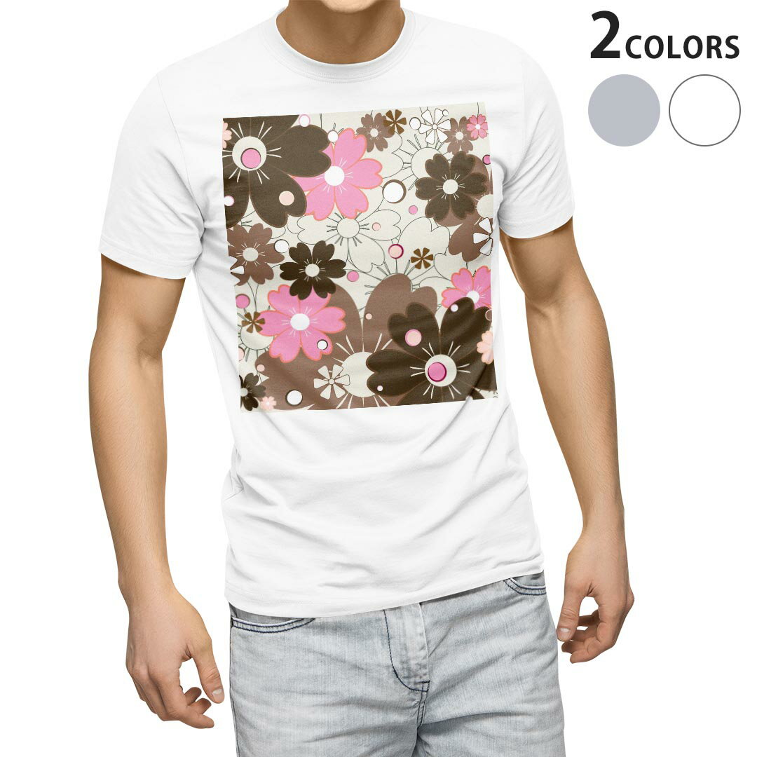 乐天商城 - Tシャツ メンズ 半袖 ホワイト グレー デザイン S M L XL 2XL Tシャツ ティーシャツ T shirt 007555 花　　模様　ピンク