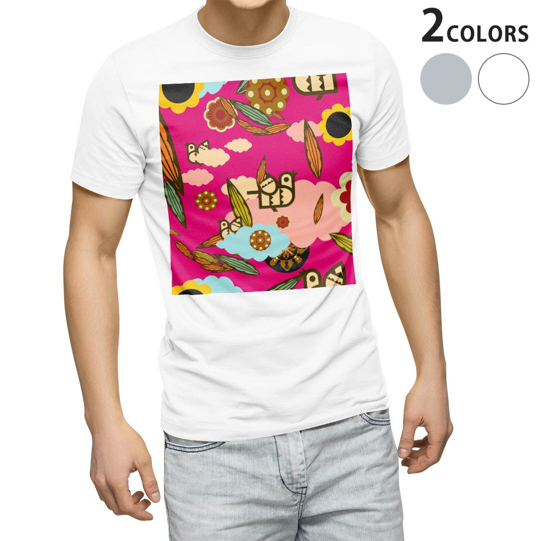 Tシャツ メンズ 半袖 ホワイト グレー デザイン S M L XL 2XL Tシャツ ティーシャツ T shirt 007609 花　　イラスト　ピンク　鳥