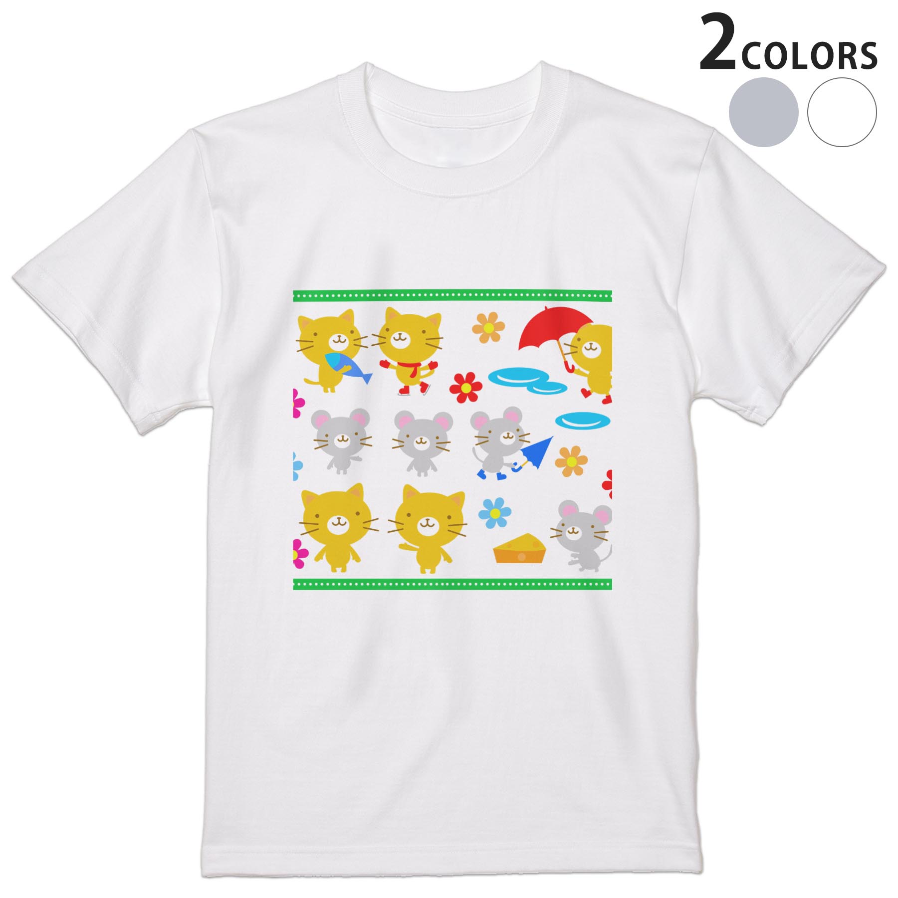Tシャツ メンズ 半袖 ホワイト グレー デザイン S M L XL 2XL Tシャツ ティーシャツ T shirt 007653 猫 ネズミ イラスト キャラクター
