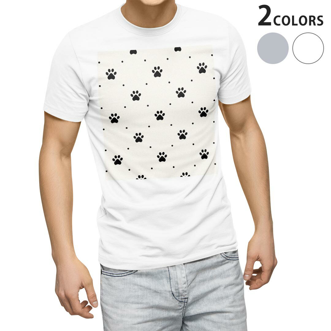 乐天商城 - Tシャツ メンズ 半袖 ホワイト グレー デザイン S M L XL 2XL Tシャツ ティーシャツ T shirt 008003 犬　足跡　白黒　模様