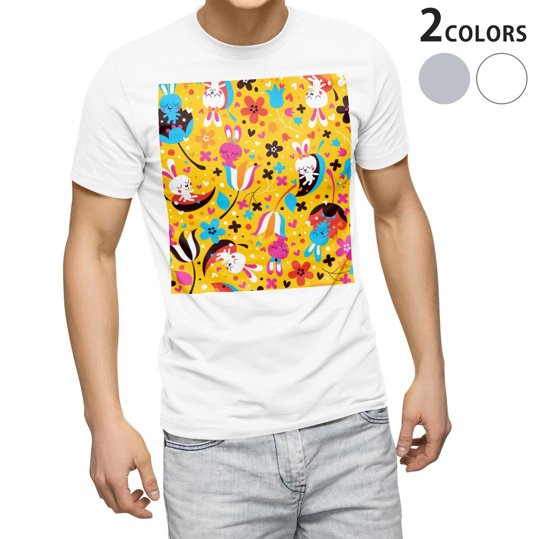 Tシャツ メンズ 半袖 ホワイト グレー デザイン S M L XL 2XL Tシャツ ティーシャツ T shirt 008076 花　　うさぎ　兎　キャラクター