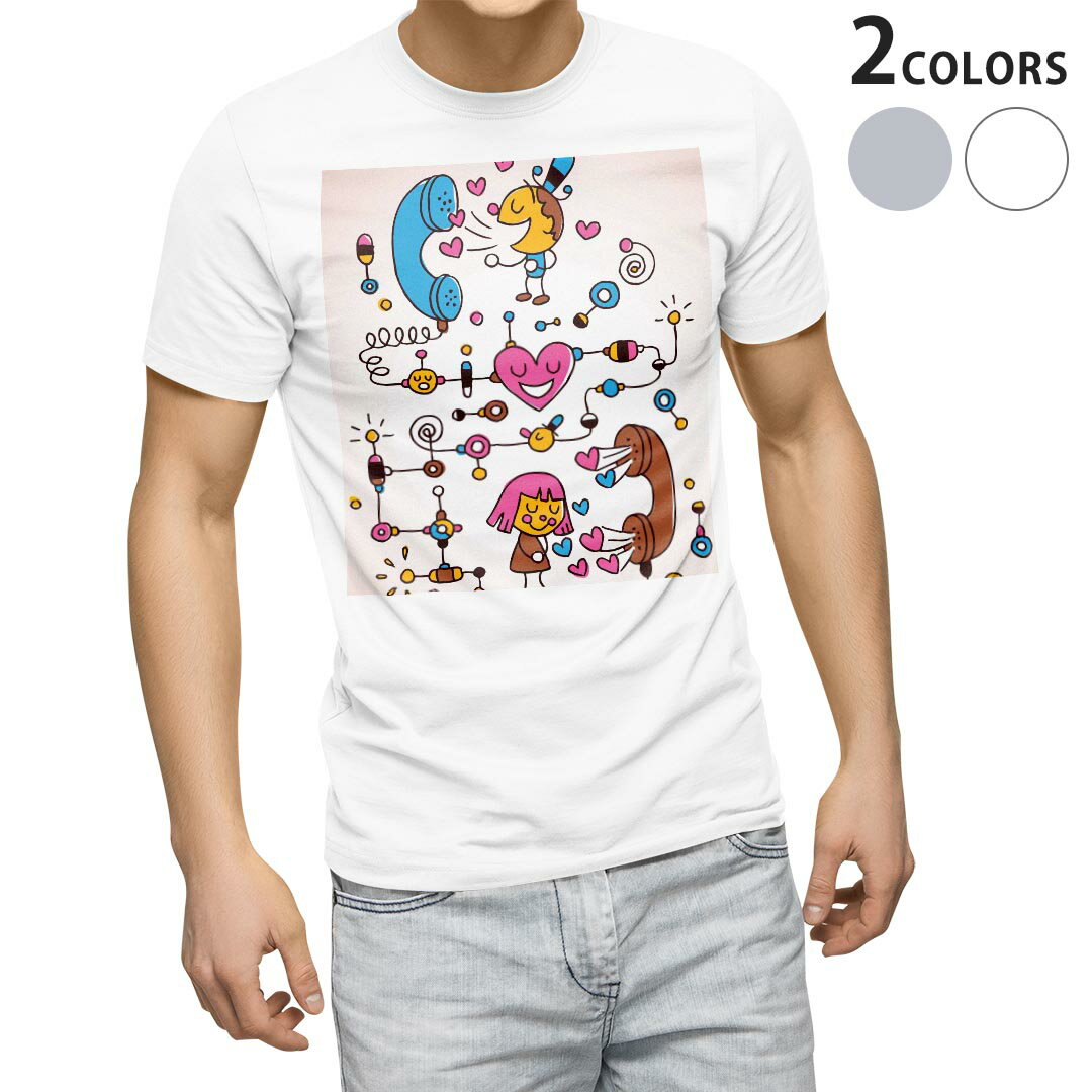 Character - Tシャツ メンズ 半袖 ホワイト グレー デザイン S M L XL 2XL Tシャツ ティーシャツ T shirt 008101 イラスト　電話　ハート　キャラクター