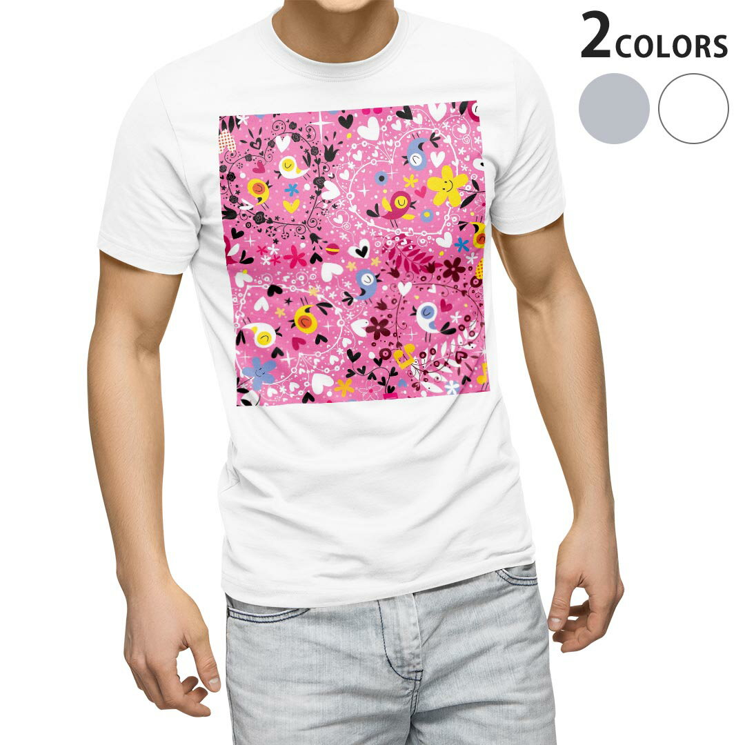 Rakuten - Tシャツ メンズ 半袖 ホワイト グレー デザイン S M L XL 2XL Tシャツ ティーシャツ T shirt 008146 花　　鳥　ハート　ピンク