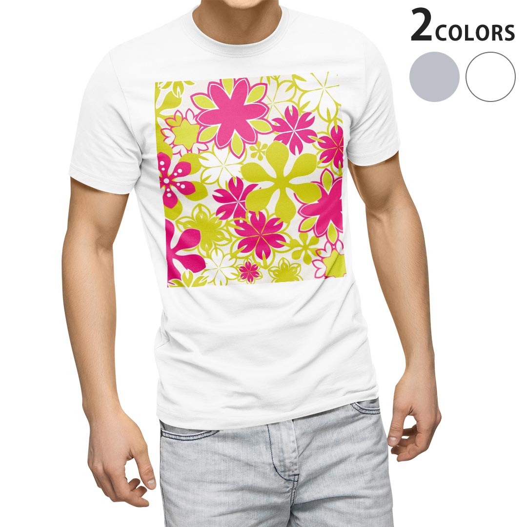 Long-Sleeved - Tシャツ メンズ 半袖 ホワイト グレー デザイン S M L XL 2XL Tシャツ ティーシャツ T shirt 008168 花　　ピンク　黄緑　模様