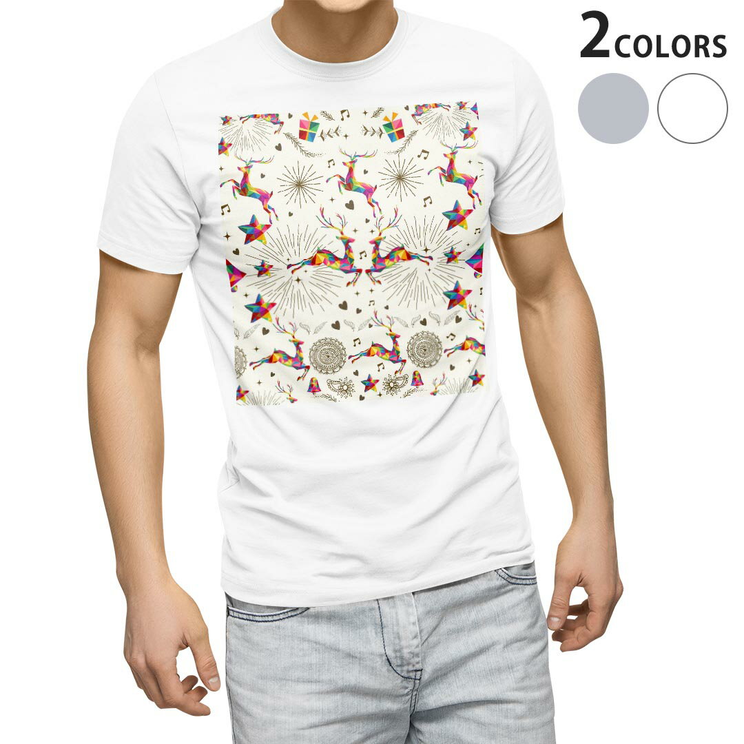 乐天商城 - Tシャツ メンズ 半袖 ホワイト グレー デザイン S M L XL 2XL Tシャツ ティーシャツ T shirt 008603 カラフル　鹿　ベル　星　スター