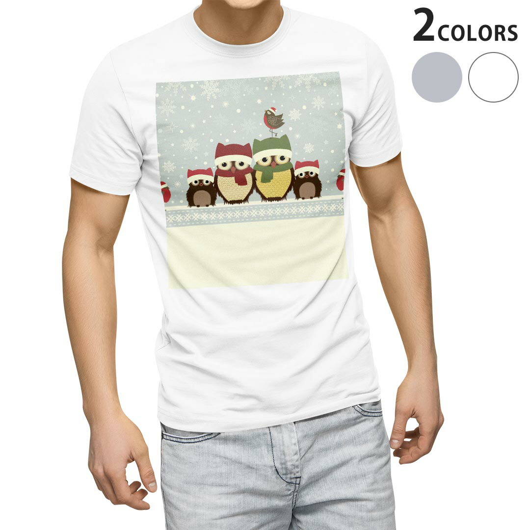 乐天商城 - Tシャツ メンズ 半袖 ホワイト グレー デザイン S M L XL 2XL Tシャツ ティーシャツ T shirt 008720 冬　雪　フクロウ　結晶