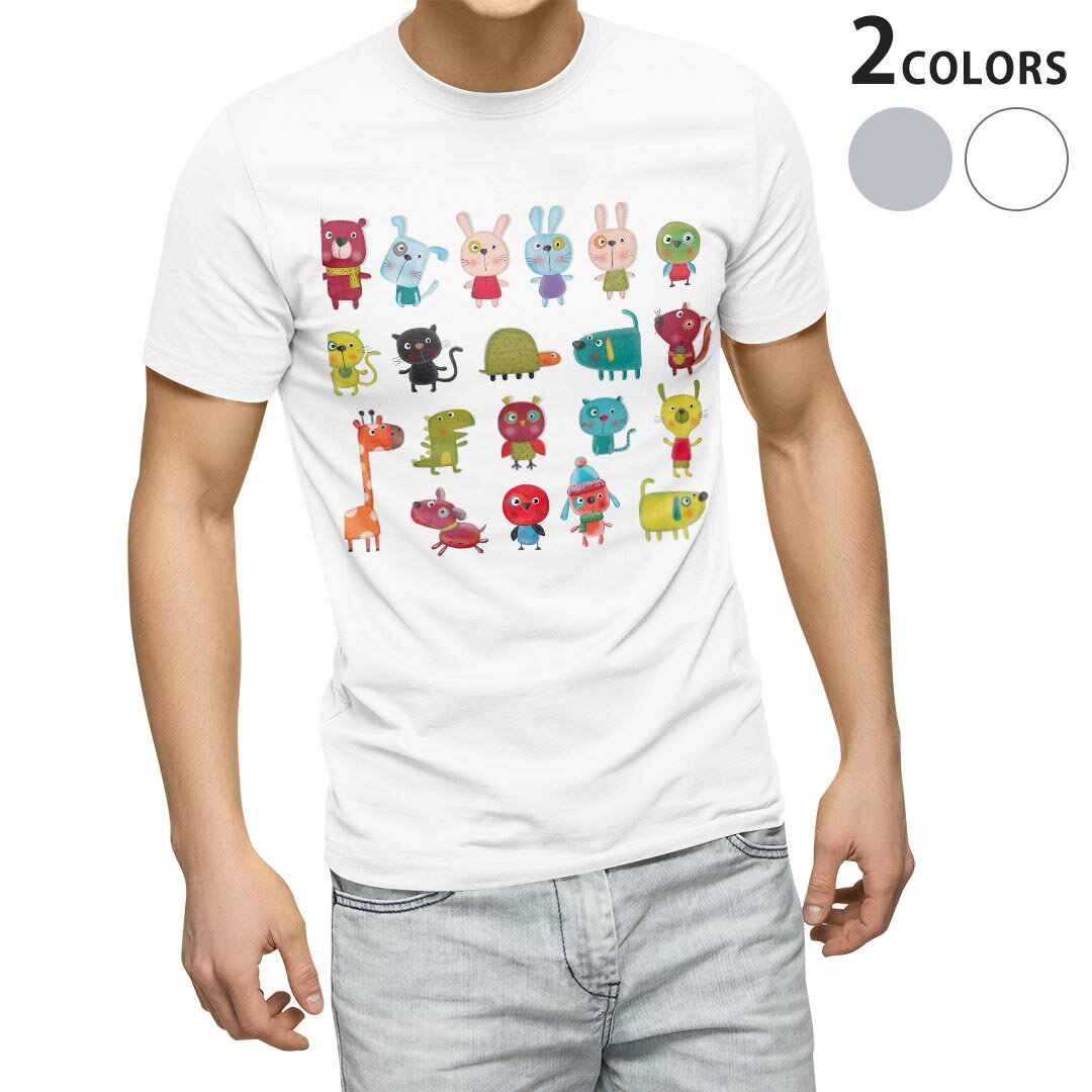 Character - Tシャツ メンズ 半袖 ホワイト グレー デザイン S M L XL 2XL Tシャツ ティーシャツ T shirt 009660 動物　キャラクター　イラスト