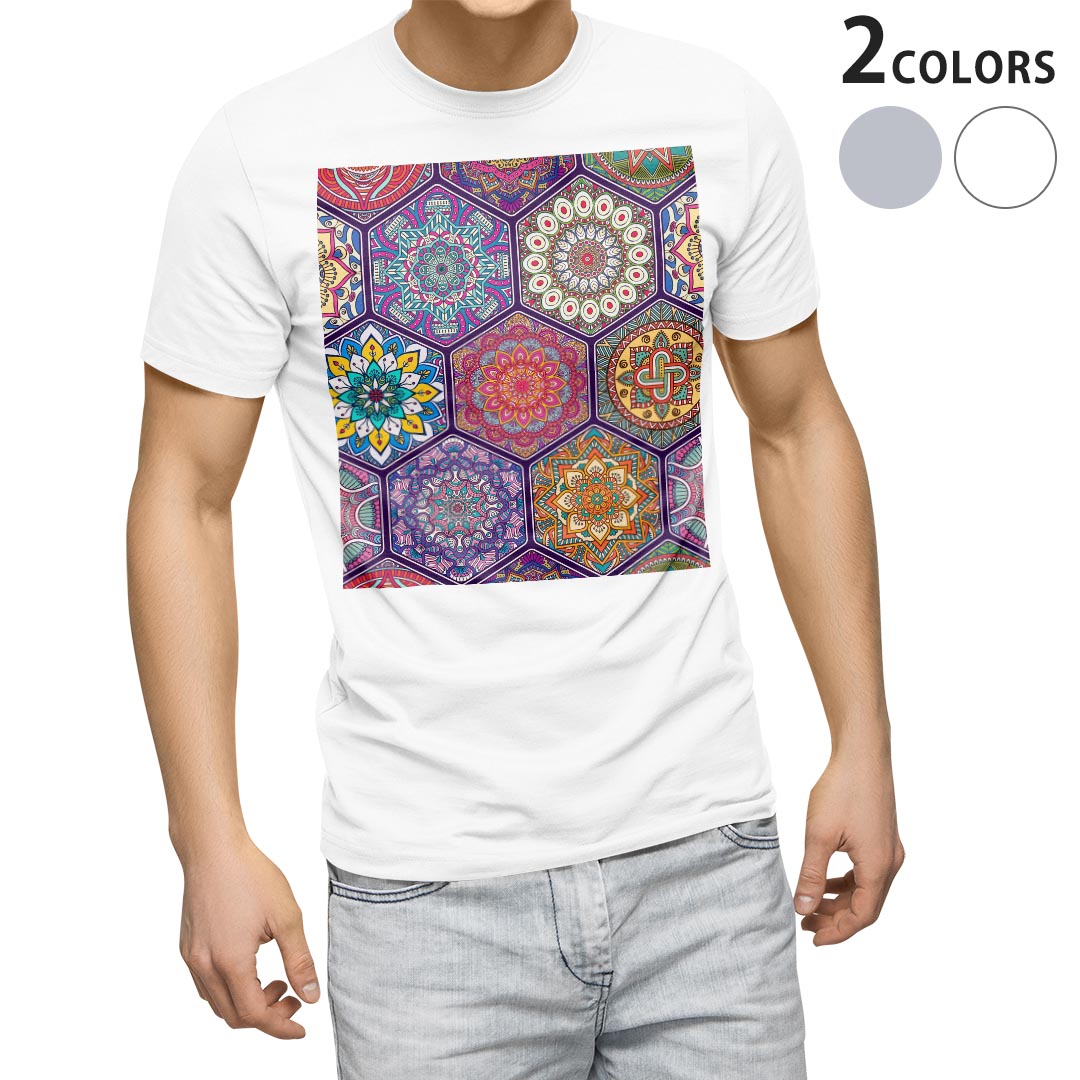 Tシャツ メンズ 半袖 ホワイト グレー デザイン S M L XL 2XL Tシャツ ティーシャツ T shirt 010131 アジアン　模様　カラフル