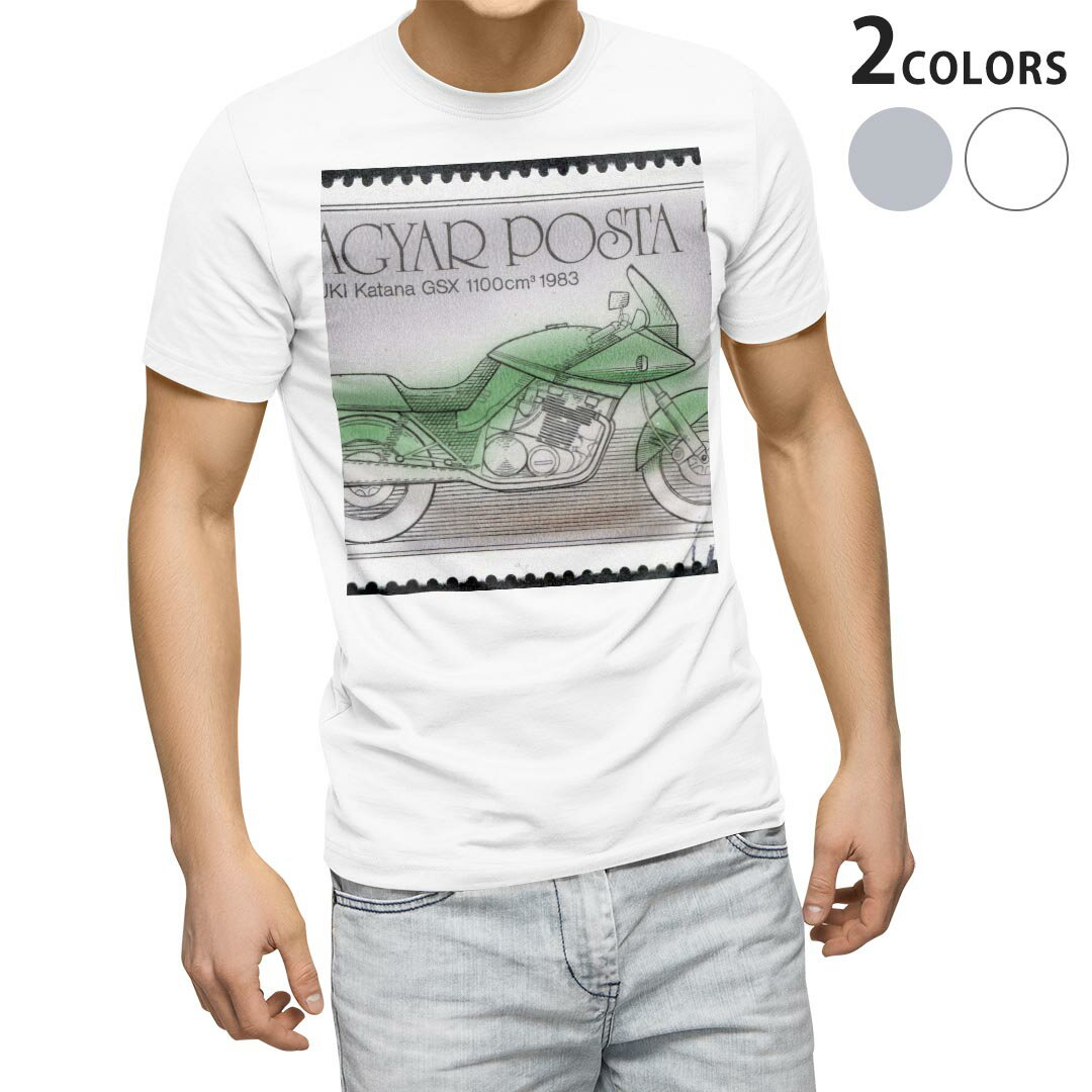 Tシャツ メンズ 半袖 ホワイト グレー デザイン S M L XL 2XL Tシャツ ティーシャツ T shirt 010334 乗り物 バイク 切手