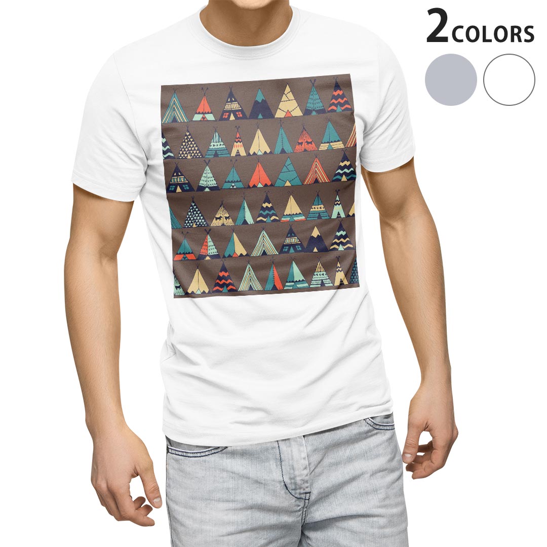 Tシャツ メンズ 半袖 ホワイト グレー デザイン S M L XL 2XL Tシャツ ティーシャツ T shirt 010773 模様　テント　茶色