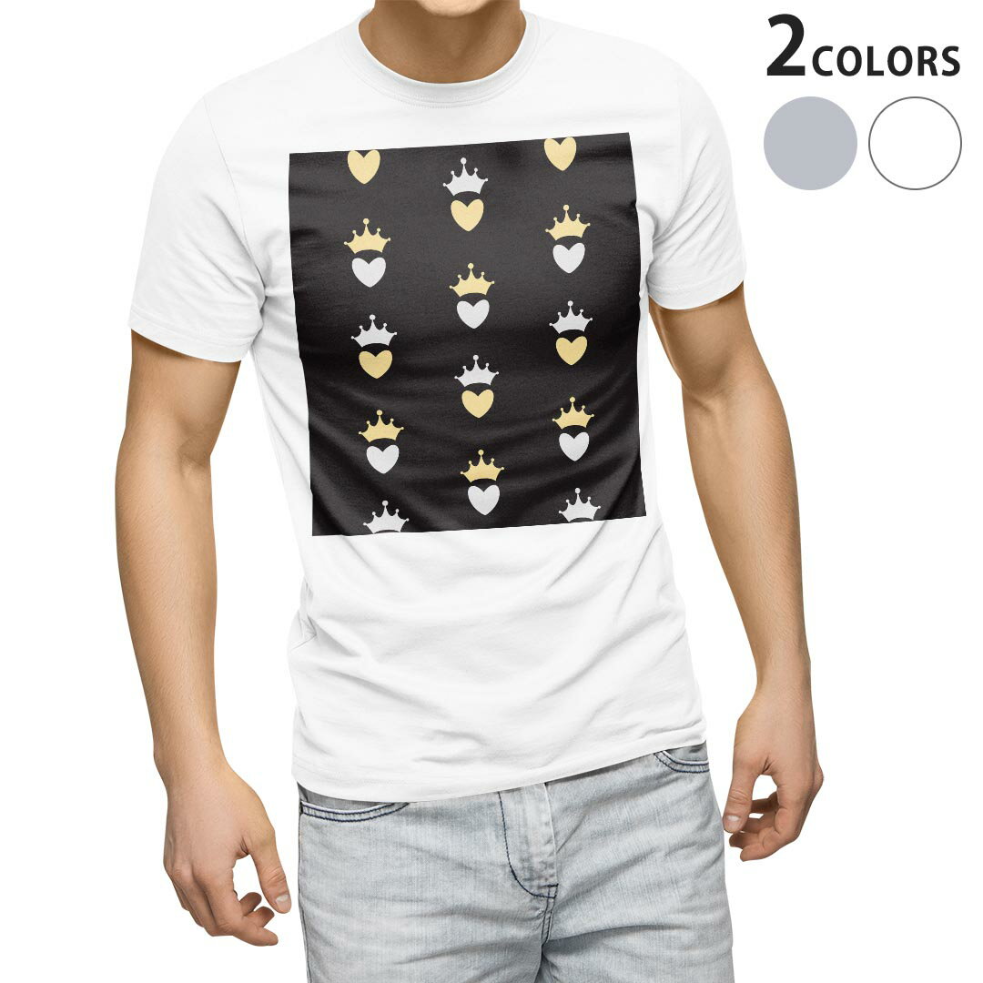 T-Shirts - Tシャツ メンズ 半袖 ホワイト グレー デザイン S M L XL 2XL Tシャツ ティーシャツ T shirt 011280 王冠　ハート　黒