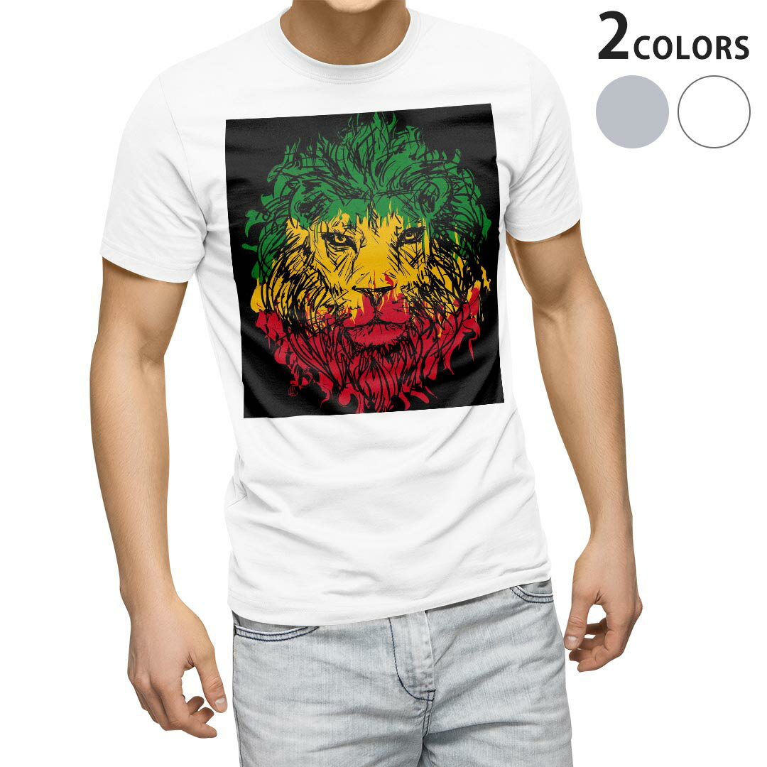 Tシャツ メンズ 半袖 ホワイト グレー デザイン S M L XL 2XL Tシャツ ティーシャツ T shirt 011733 動物　ライオン　レゲエ