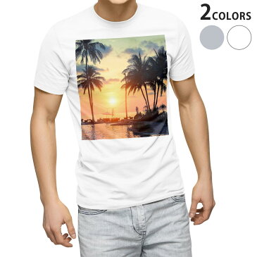 tシャツ メンズ 半袖 ホワイト グレー デザイン XS S M L XL 2XL Tシャツ ティーシャツ T shirt 011779 写真　ヤシの木　夕焼け