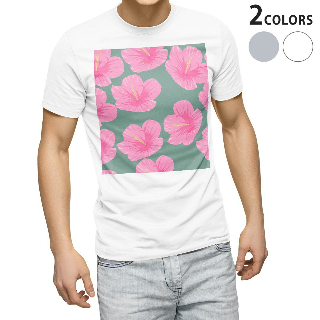 Rakuten - Tシャツ メンズ 半袖 ホワイト グレー デザイン S M L XL 2XL Tシャツ ティーシャツ T shirt 012479 ハイビスカス　花　ピンク
