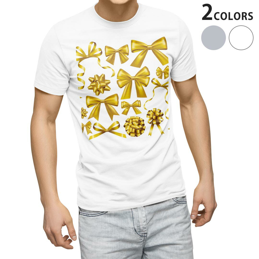 乐天商城 - Tシャツ メンズ 半袖 ホワイト グレー デザイン S M L XL 2XL Tシャツ ティーシャツ T shirt 013815 リボン　ゴールド