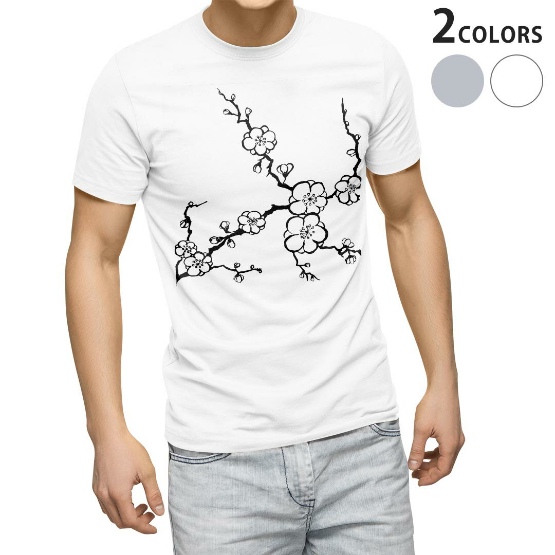 Tシャツ メンズ 半袖 ホワイト グレー デザイン S M L XL 2XL Tシャツ ティーシャツ T shirt 014873 桜　白黒　春