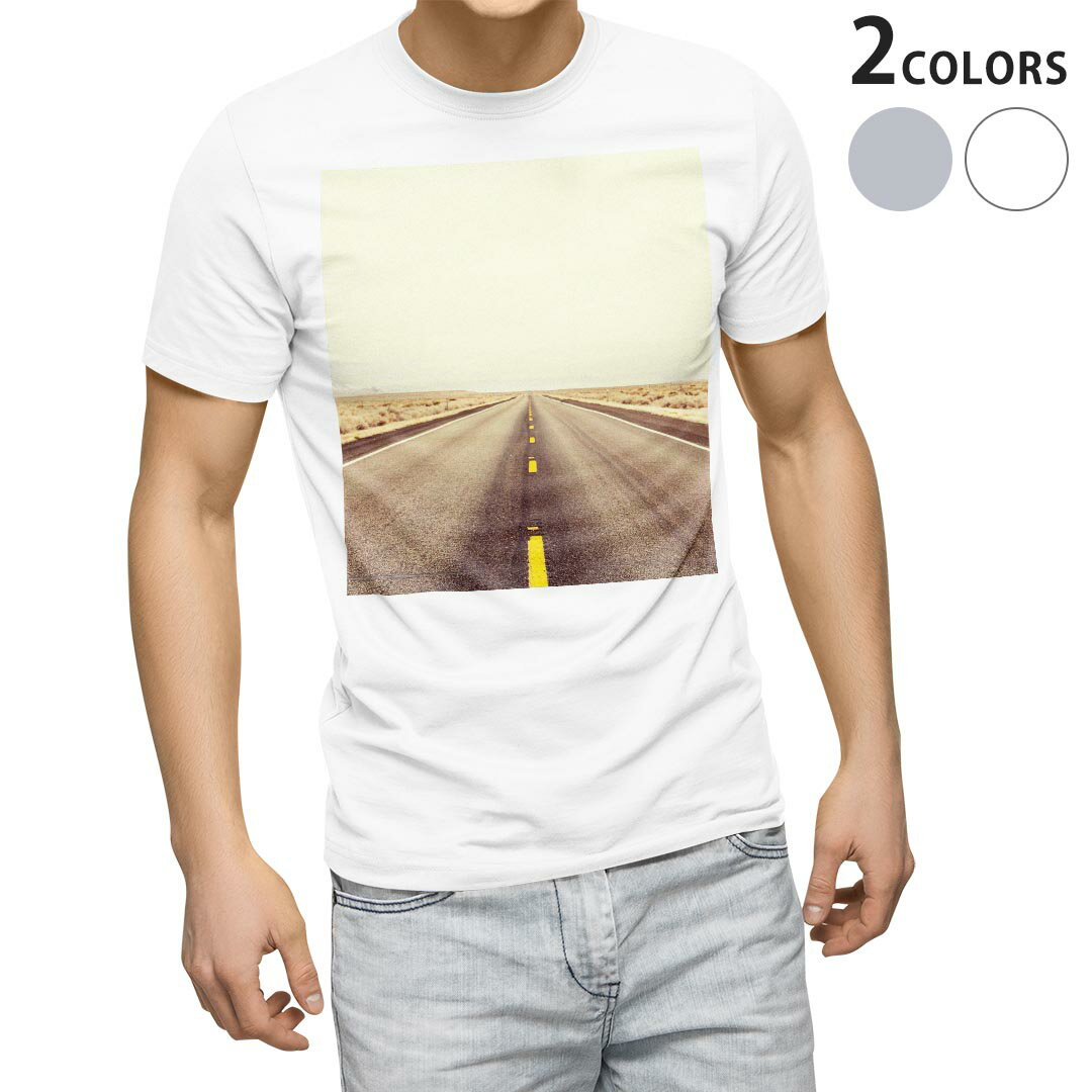 乐天商城 - Tシャツ メンズ 半袖 ホワイト グレー デザイン S M L XL 2XL Tシャツ ティーシャツ T shirt 014907 道路　景色