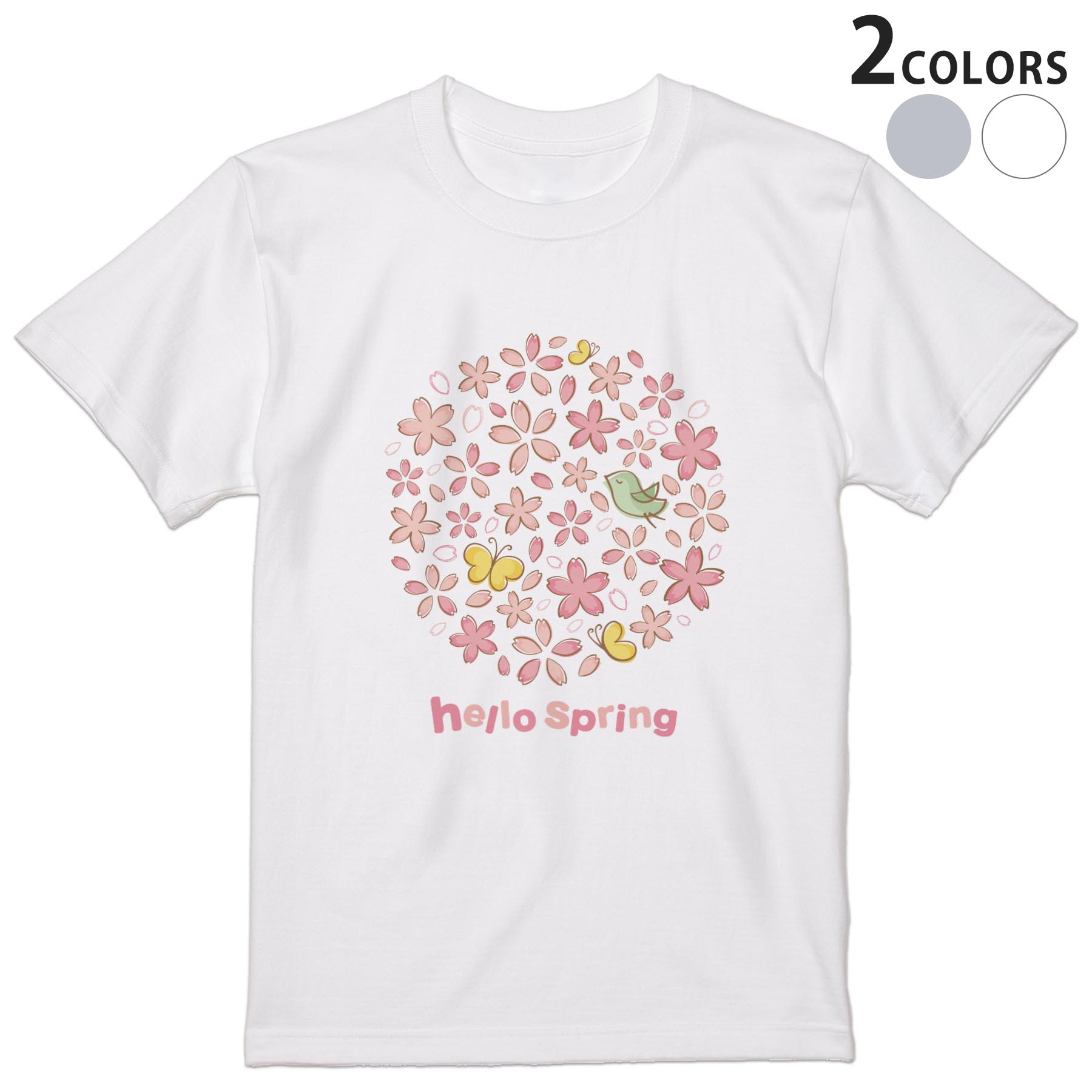 Tシャツ メンズ 半袖 ホワイト グレー デザイン S M L XL 2XL Tシャツ ティーシャツ T shirt 015407 桜　花　ピンク　鳥　春　初春