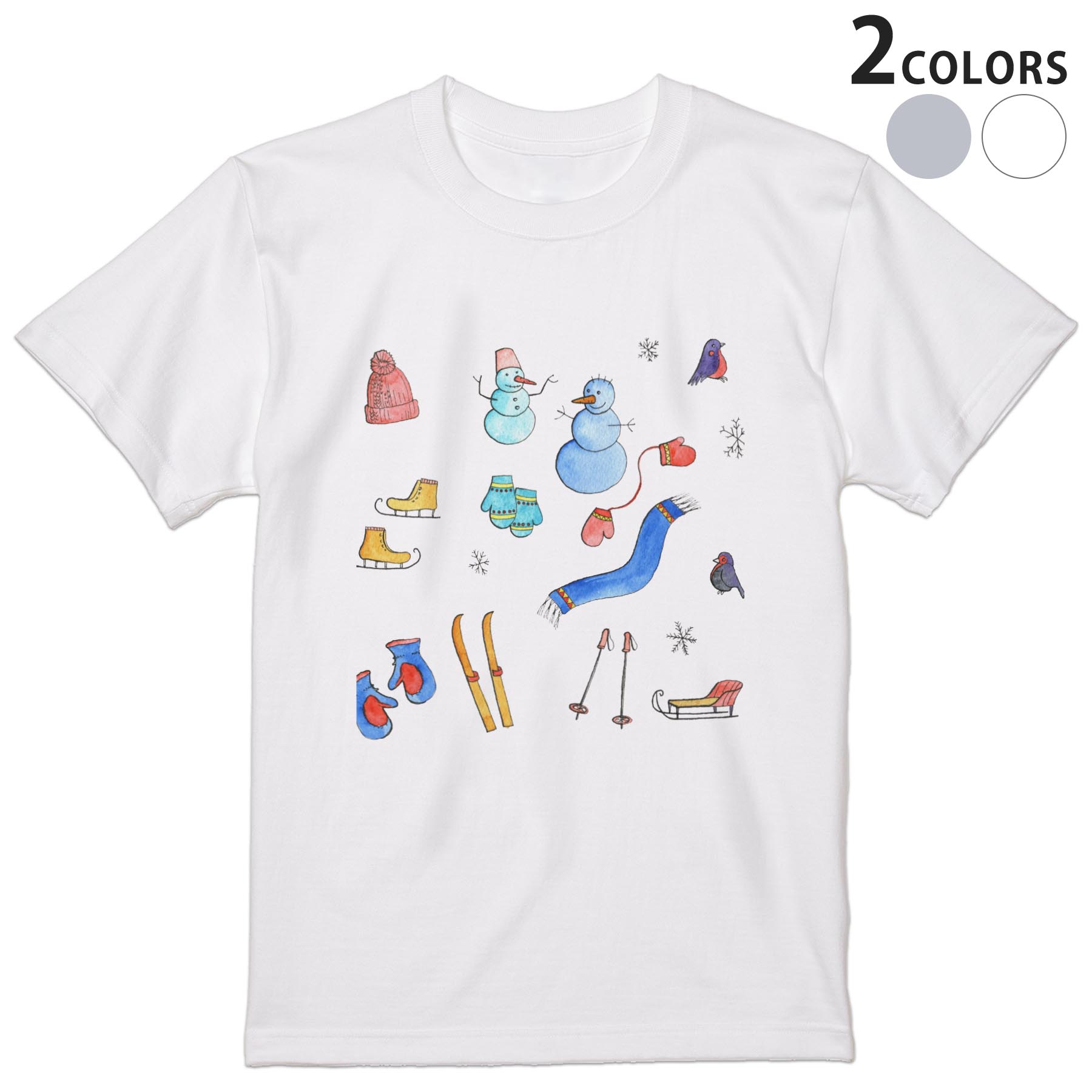 Tシャツ メンズ 半袖 ホワイト グレー デザイン S M L XL 2XL Tシャツ ティーシャツ T shirt 015551 雪　雪だるま　スキー　冬