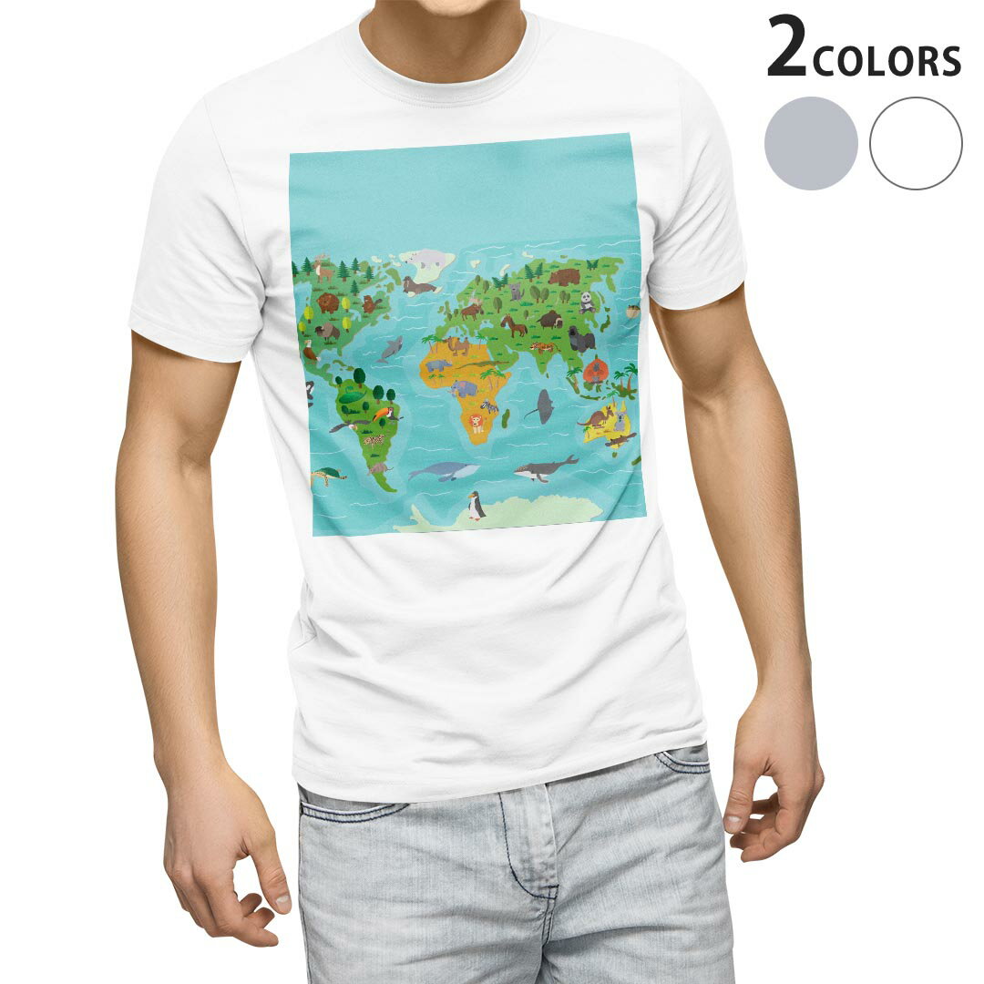 Tシャツ メンズ 半袖 ホワイト グレー デザイン S M L XL 2XL Tシャツ ティーシャツ T shirt 015958 世界地図　wordmap 動物